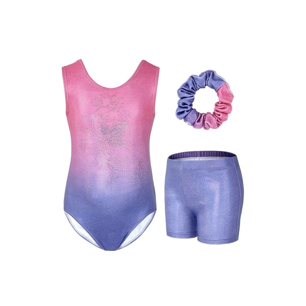 Gymnastics Leotard Set Butterfly Bow Pink-Purple Dance Unitard Shorts 8-9 Years